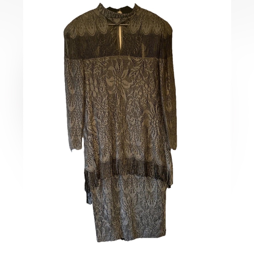 Damianou Long Sleeved Sparkly Lace And Fringe Dress Made In USA